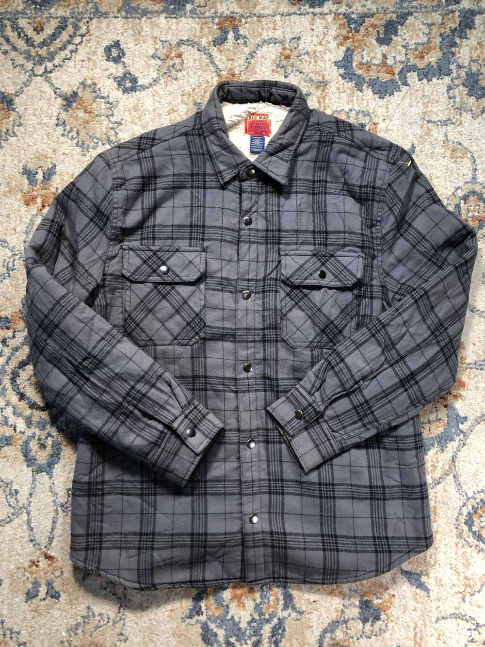Big Mac Jacket Mens Large Gray Plaid Flannel Sherpa Lined Snap Front Workwear